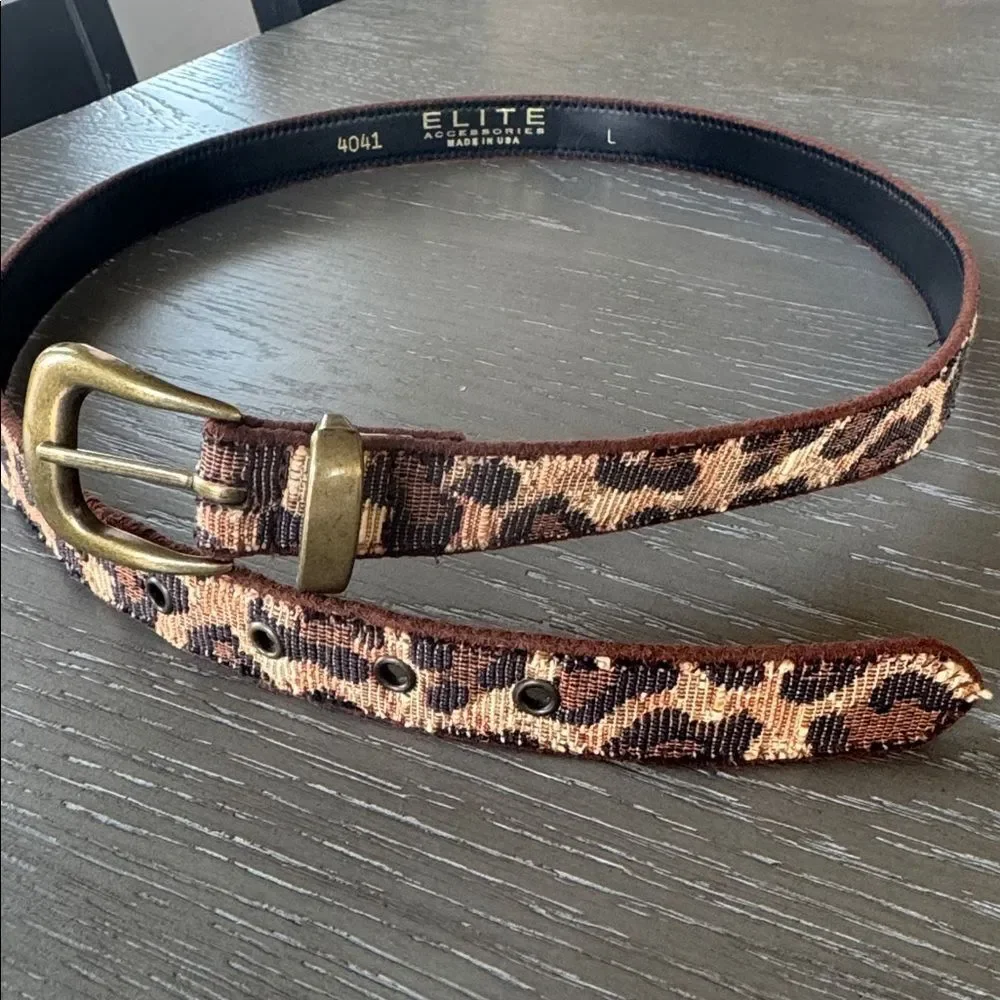 ELITE Accessories Fabric Leopard Print Belt Antiqued Gold Buckle Made in USA L